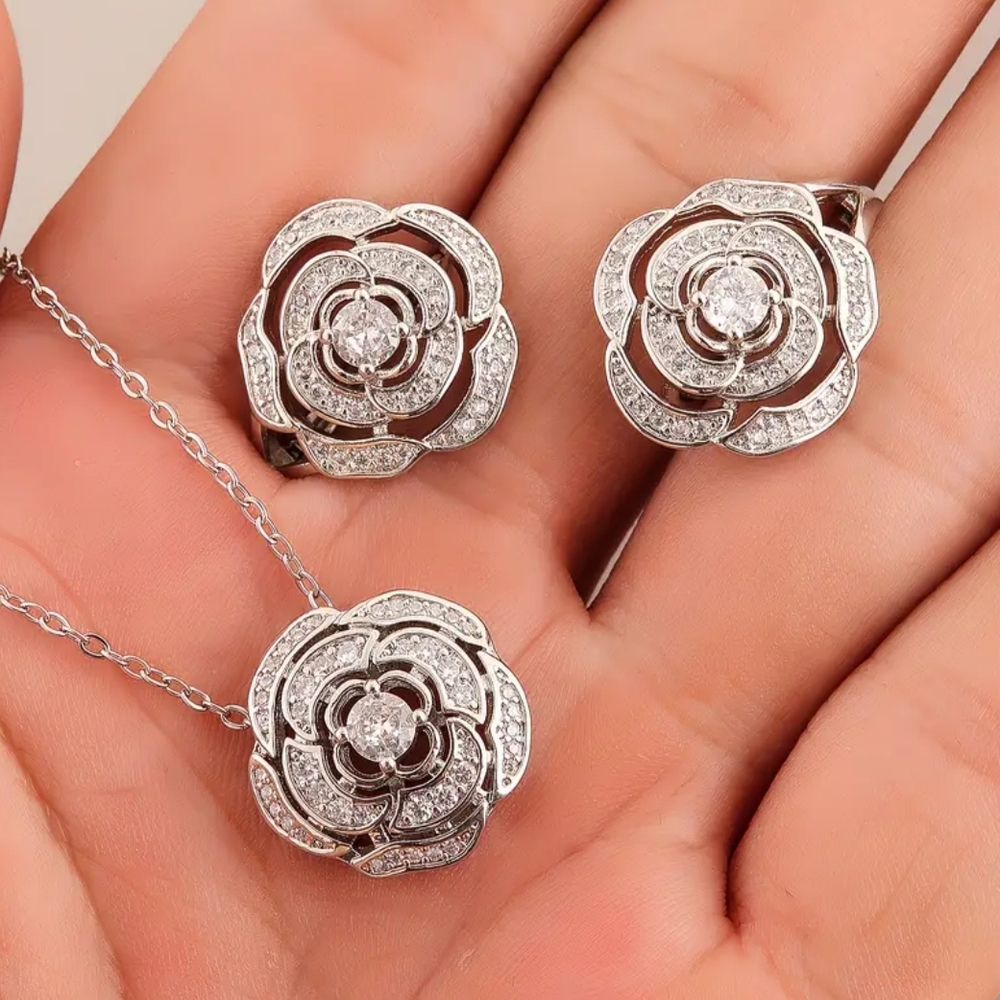 White Rhodium Camellia Earring Set - Picture 2 of 2